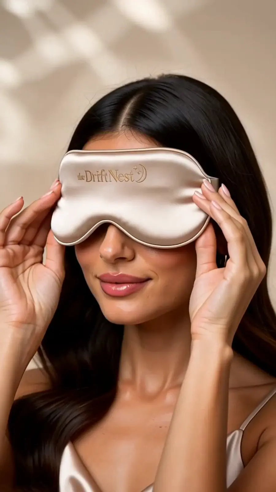 Model wearing the Champagne Silk Sleep Mask